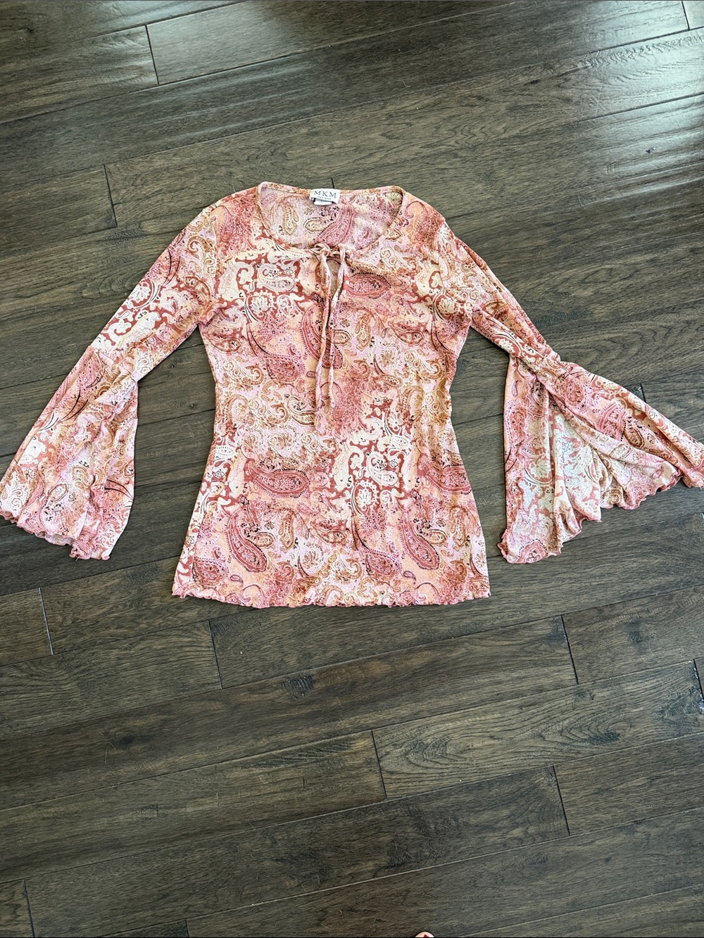 Brown Pink Paisley Tie-Front Bell Sleeve Blouse sooo sexy